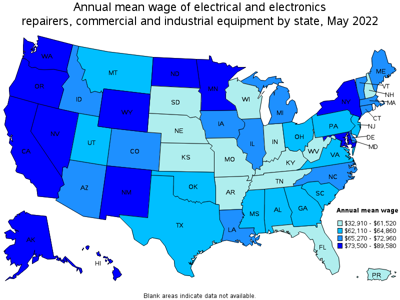 Map of annual mean wages of electrical and electronics repairers, commercial and industrial equipment by state, May 2022