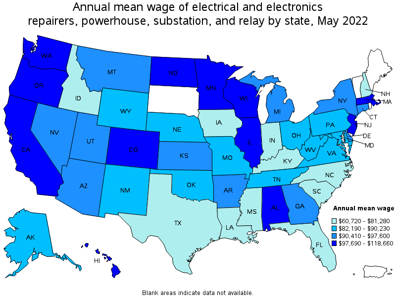 Map of annual mean wages of electrical and electronics repairers, powerhouse, substation, and relay by state, May 2022