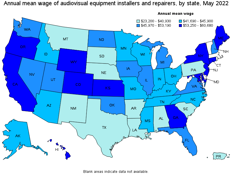 Map of annual mean wages of audiovisual equipment installers and repairers by state, May 2022