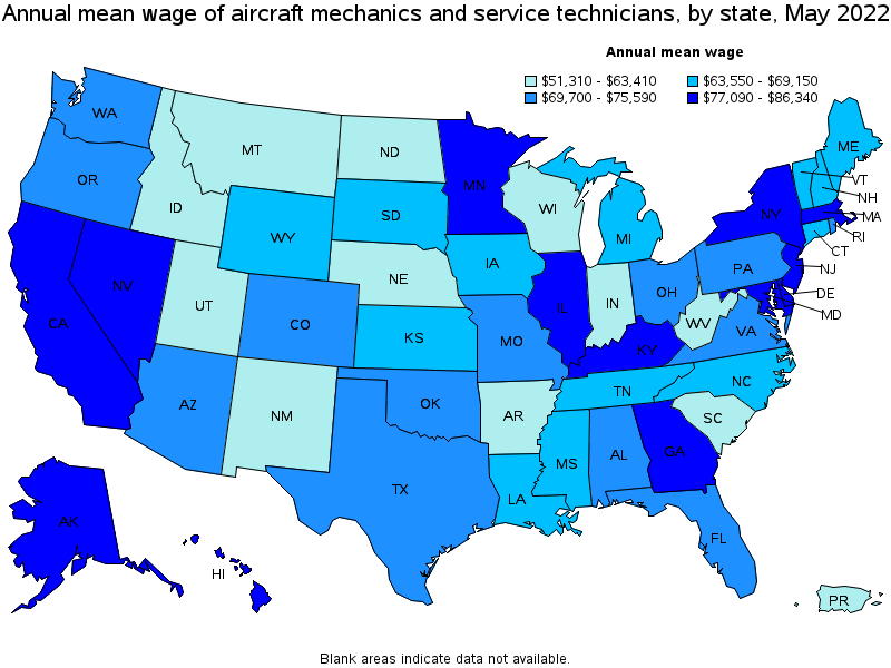 Map of annual mean wages of aircraft mechanics and service technicians by state, May 2022