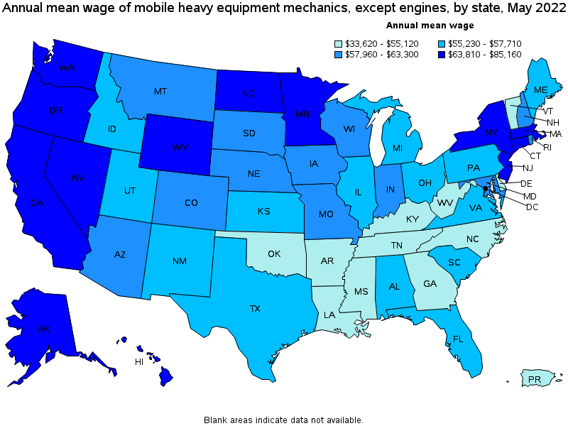 Map of annual mean wages of mobile heavy equipment mechanics, except engines by state, May 2022