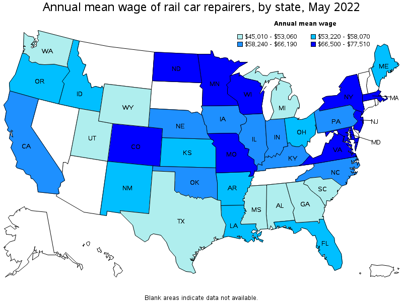 Map of annual mean wages of rail car repairers by state, May 2022