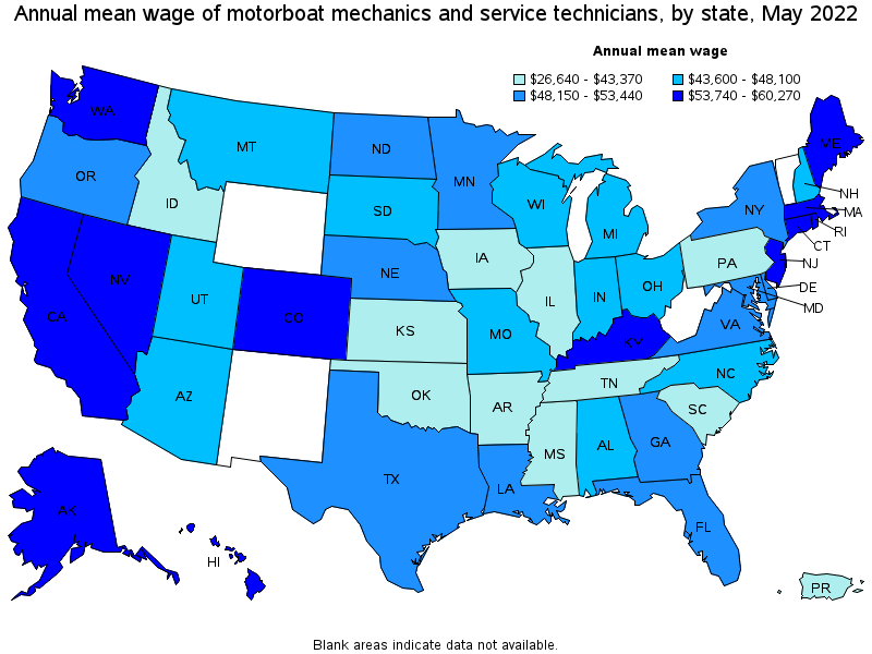 Map of annual mean wages of motorboat mechanics and service technicians by state, May 2022