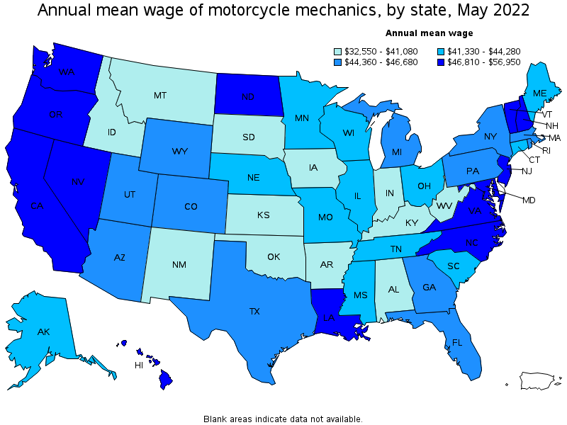 Map of annual mean wages of motorcycle mechanics by state, May 2022