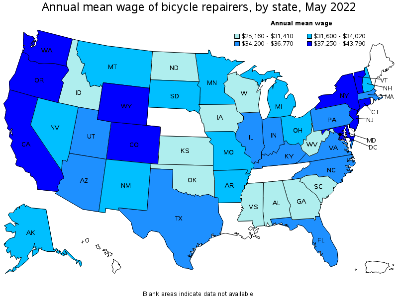 Map of annual mean wages of bicycle repairers by state, May 2022