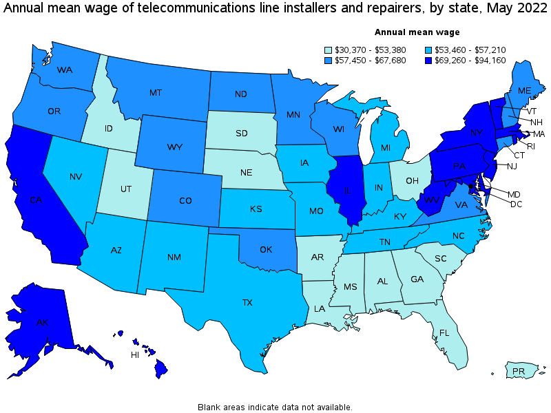 Map of annual mean wages of telecommunications line installers and repairers by state, May 2022