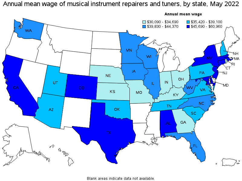 Map of annual mean wages of musical instrument repairers and tuners by state, May 2022