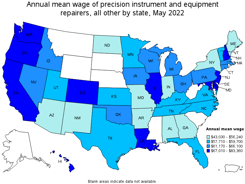 Map of annual mean wages of precision instrument and equipment repairers, all other by state, May 2022