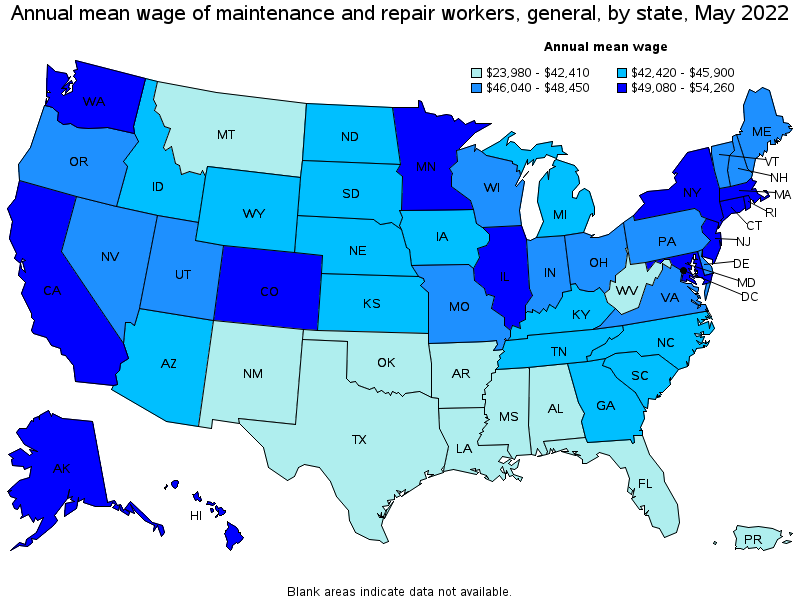 Map of annual mean wages of maintenance and repair workers, general by state, May 2022