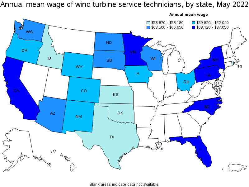 Map of annual mean wages of wind turbine service technicians by state, May 2022