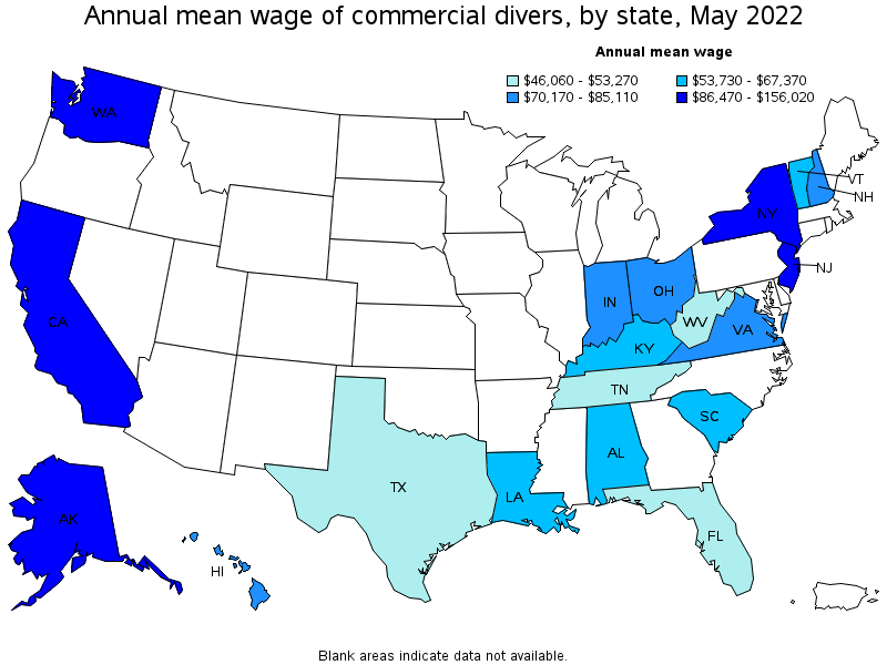 Map of annual mean wages of commercial divers by state, May 2022