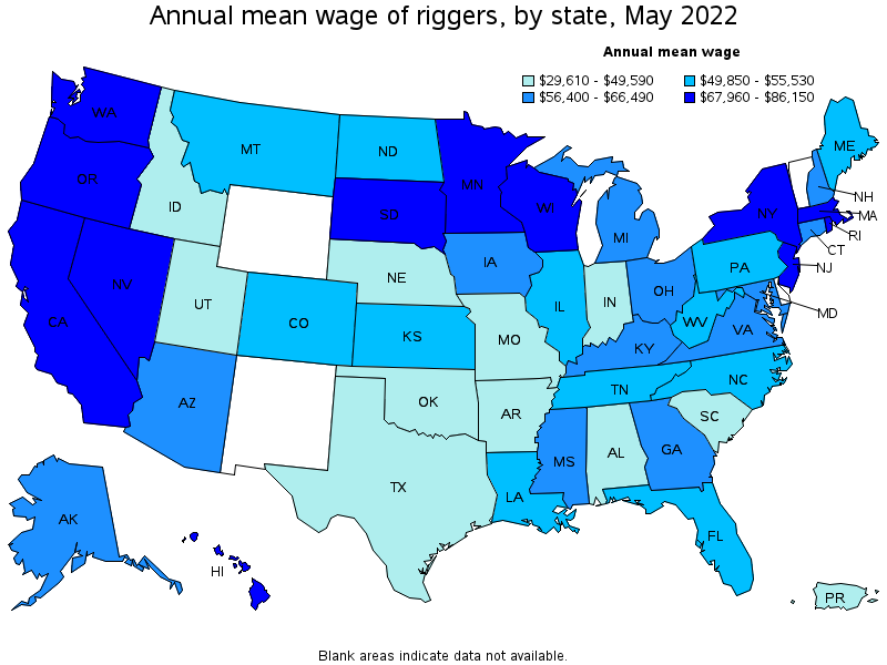 Map of annual mean wages of riggers by state, May 2022