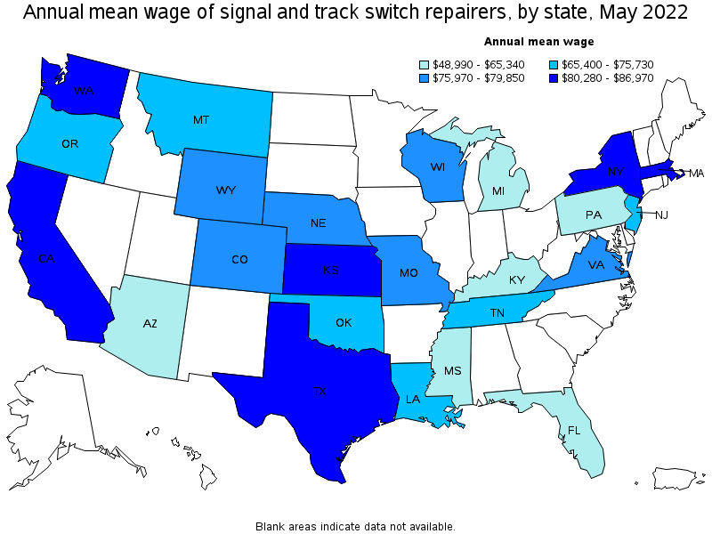 Map of annual mean wages of signal and track switch repairers by state, May 2022