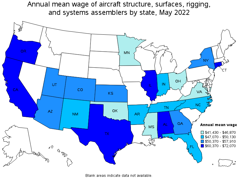 Map of annual mean wages of aircraft structure, surfaces, rigging, and systems assemblers by state, May 2022