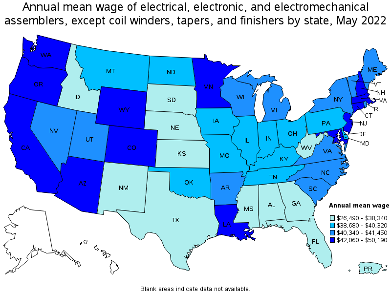 Map of annual mean wages of electrical, electronic, and electromechanical assemblers, except coil winders, tapers, and finishers by state, May 2022