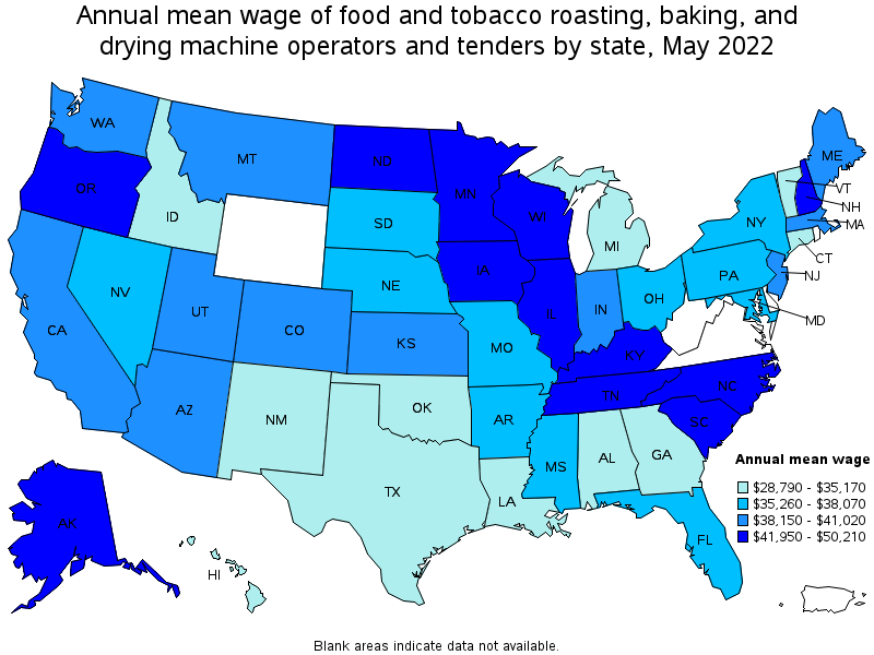 Map of annual mean wages of food and tobacco roasting, baking, and drying machine operators and tenders by state, May 2022