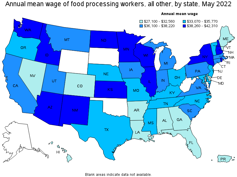Map of annual mean wages of food processing workers, all other by state, May 2022