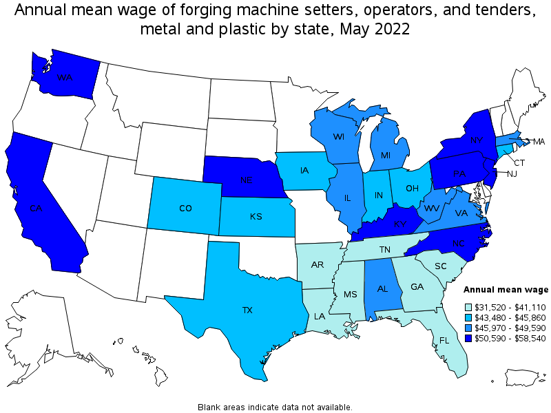 Map of annual mean wages of forging machine setters, operators, and tenders, metal and plastic by state, May 2022