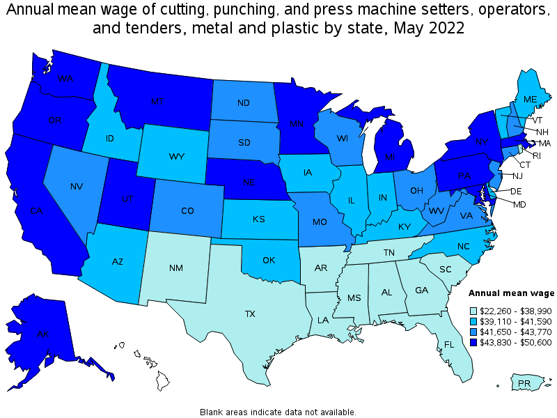 Map of annual mean wages of cutting, punching, and press machine setters, operators, and tenders, metal and plastic by state, May 2022