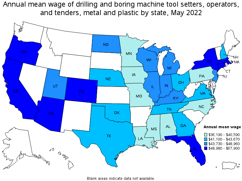 Map of annual mean wages of drilling and boring machine tool setters, operators, and tenders, metal and plastic by state, May 2022