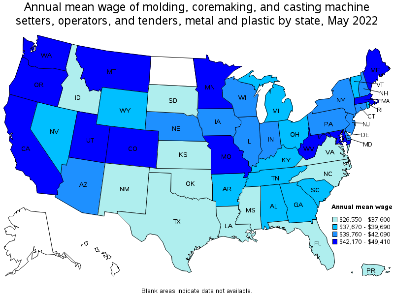 Map of annual mean wages of molding, coremaking, and casting machine setters, operators, and tenders, metal and plastic by state, May 2022