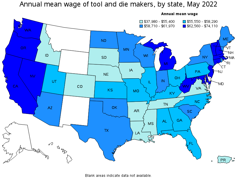 Map of annual mean wages of tool and die makers by state, May 2022