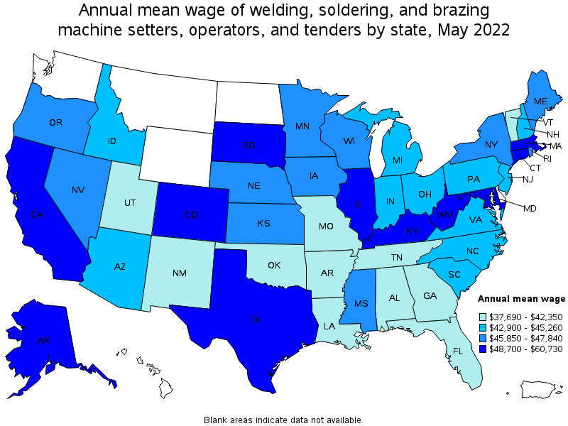 Map of annual mean wages of welding, soldering, and brazing machine setters, operators, and tenders by state, May 2022