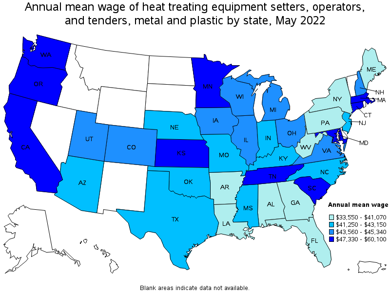 Map of annual mean wages of heat treating equipment setters, operators, and tenders, metal and plastic by state, May 2022