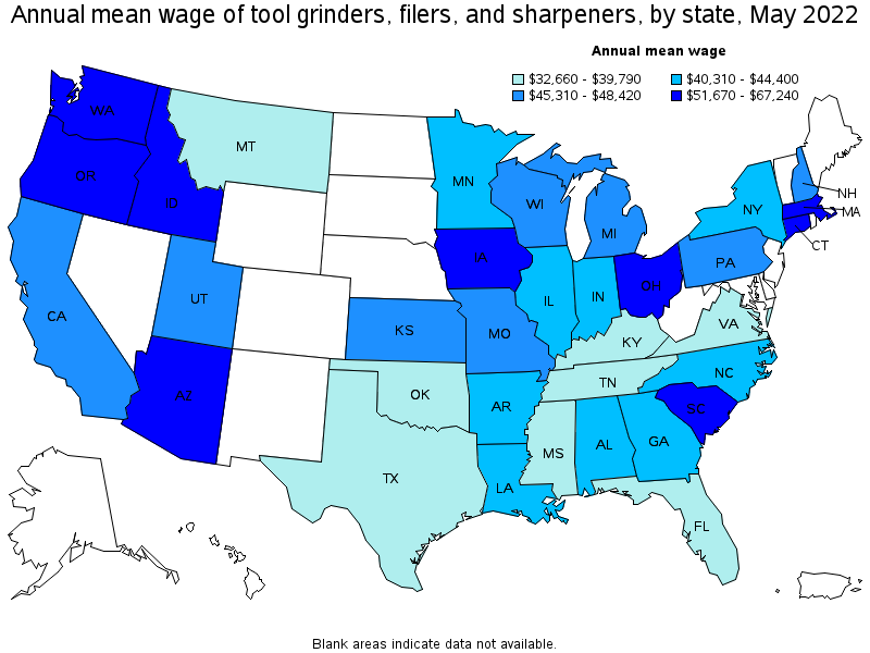 Map of annual mean wages of tool grinders, filers, and sharpeners by state, May 2022