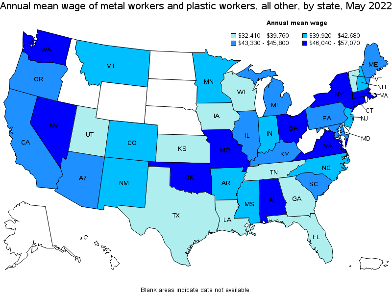 Map of annual mean wages of metal workers and plastic workers, all other by state, May 2022