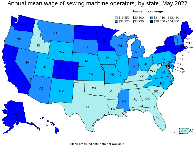 Map of annual mean wages of sewing machine operators by state, May 2022