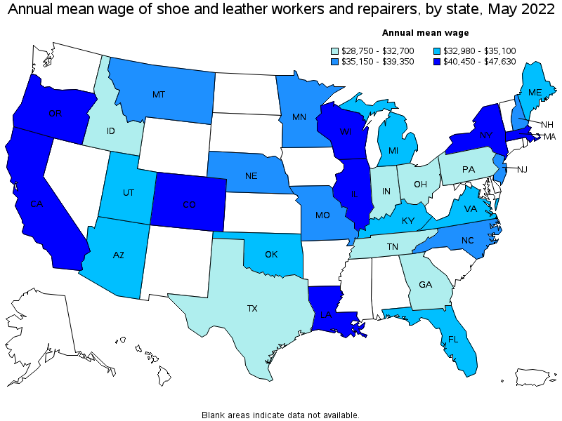 Map of annual mean wages of shoe and leather workers and repairers by state, May 2022