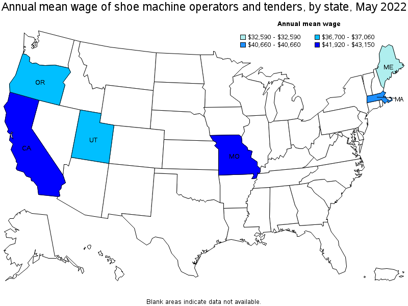 Map of annual mean wages of shoe machine operators and tenders by state, May 2022