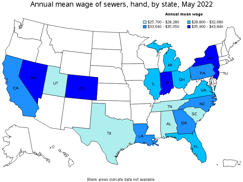 Map of annual mean wages of sewers, hand by state, May 2022
