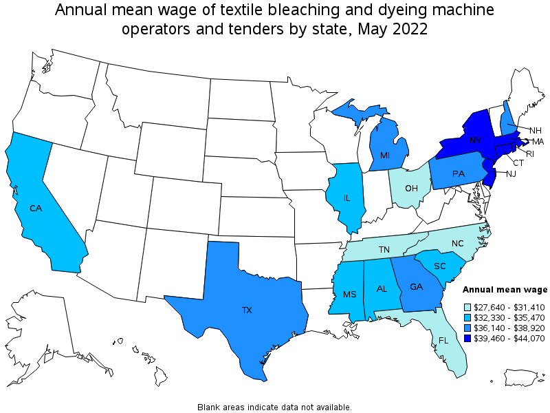 Map of annual mean wages of textile bleaching and dyeing machine operators and tenders by state, May 2022