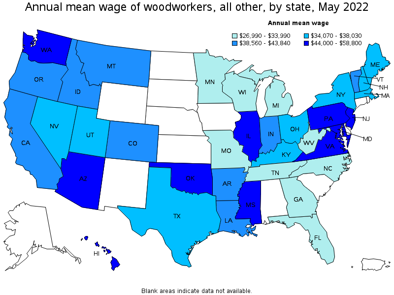 Map of annual mean wages of woodworkers, all other by state, May 2022