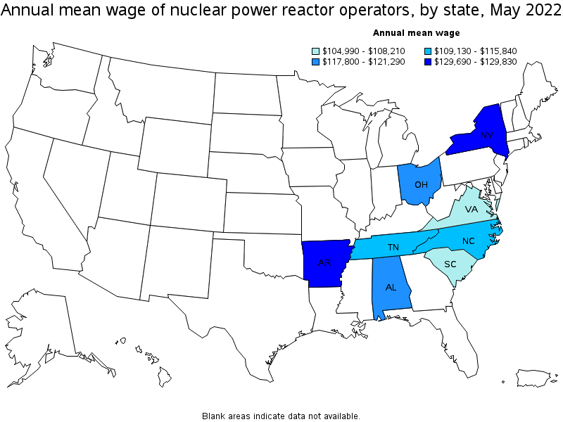 Map of annual mean wages of nuclear power reactor operators by state, May 2022