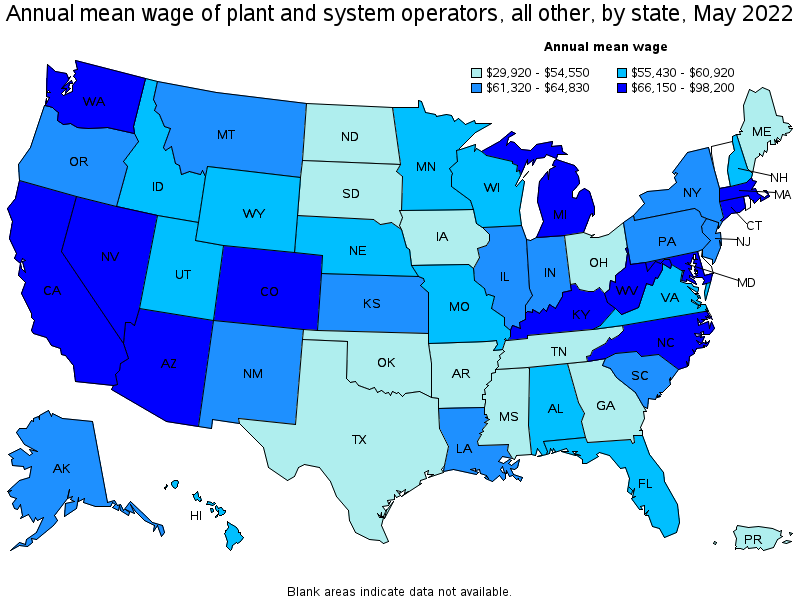 Map of annual mean wages of plant and system operators, all other by state, May 2022