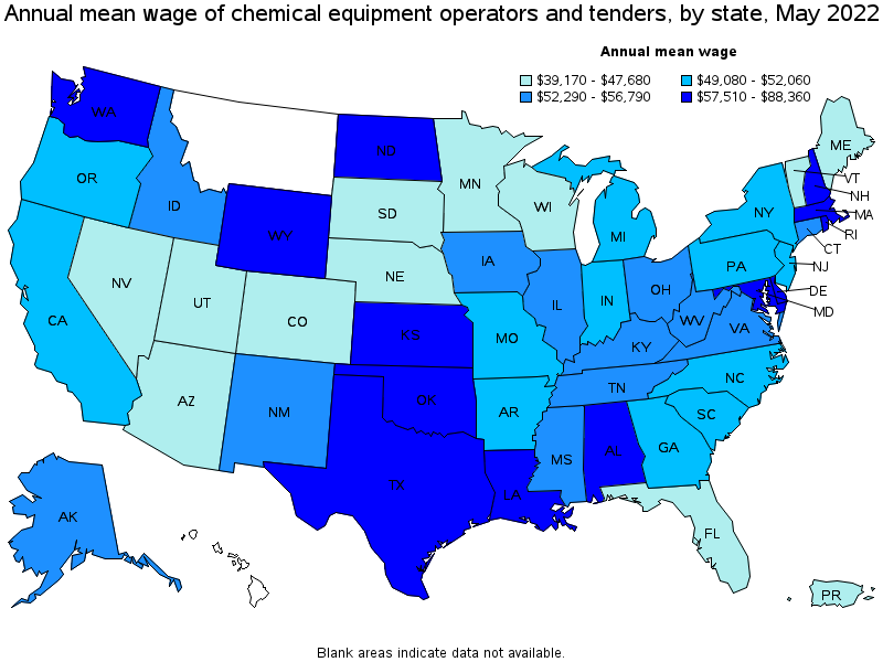 Map of annual mean wages of chemical equipment operators and tenders by state, May 2022
