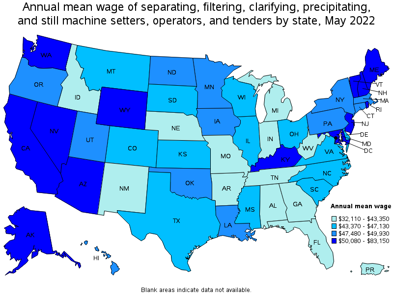 Map of annual mean wages of separating, filtering, clarifying, precipitating, and still machine setters, operators, and tenders by state, May 2022