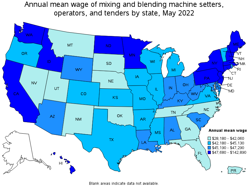 Map of annual mean wages of mixing and blending machine setters, operators, and tenders by state, May 2022