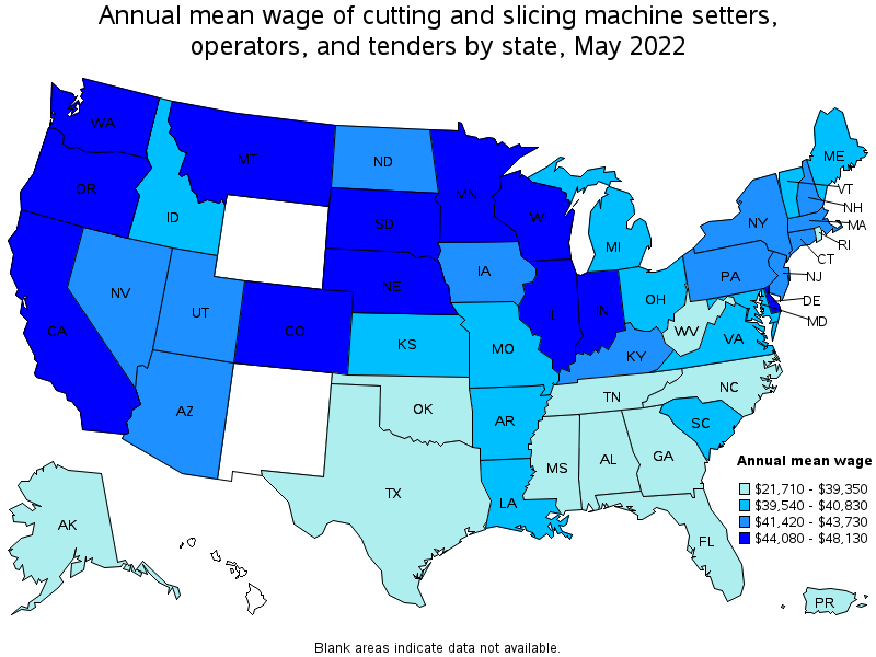 Map of annual mean wages of cutting and slicing machine setters, operators, and tenders by state, May 2022