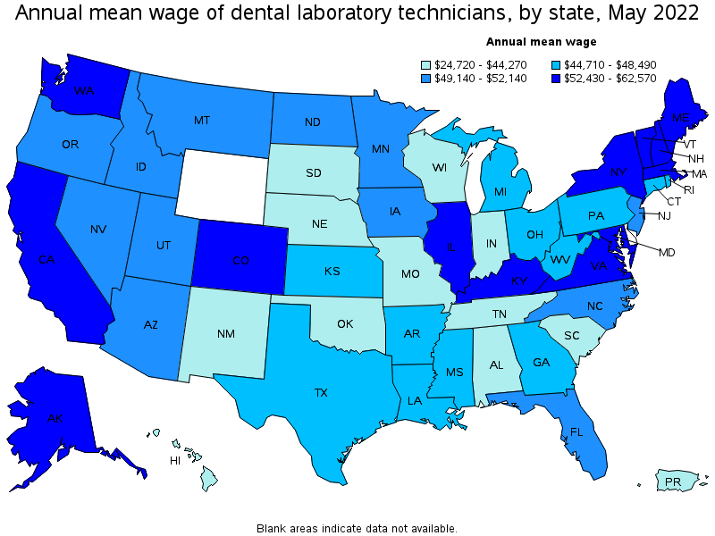 Map of annual mean wages of dental laboratory technicians by state, May 2022