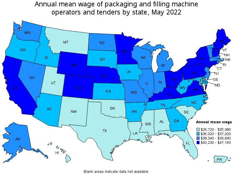 Map of annual mean wages of packaging and filling machine operators and tenders by state, May 2022