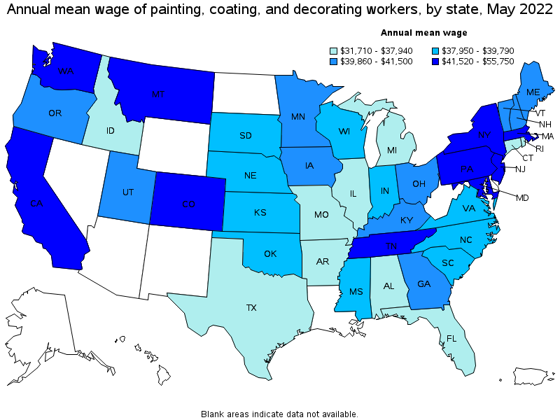 Map of annual mean wages of painting, coating, and decorating workers by state, May 2022