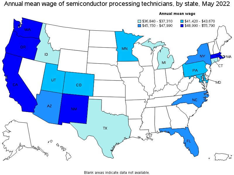 Map of annual mean wages of semiconductor processing technicians by state, May 2022