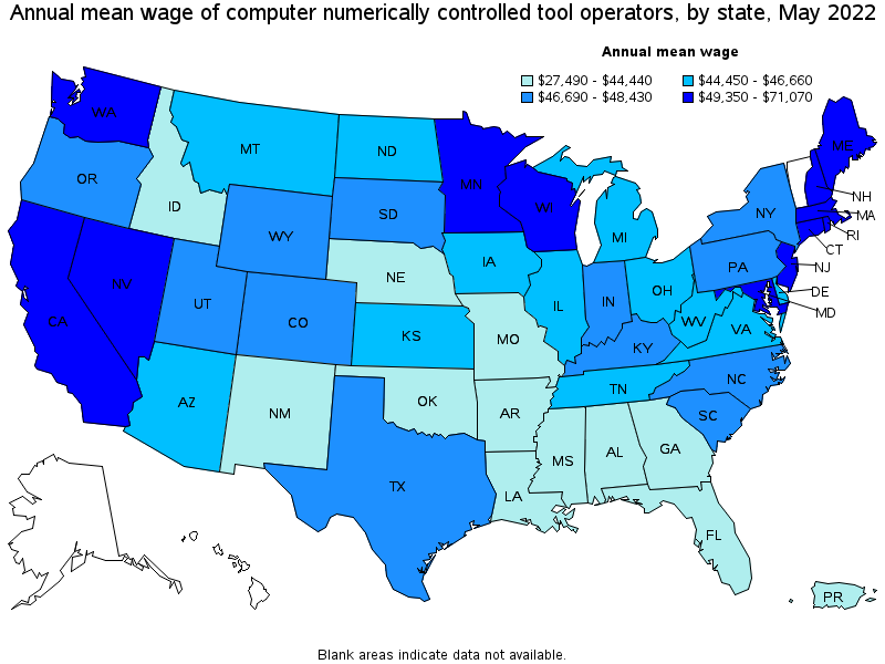 Map of annual mean wages of computer numerically controlled tool operators by state, May 2022