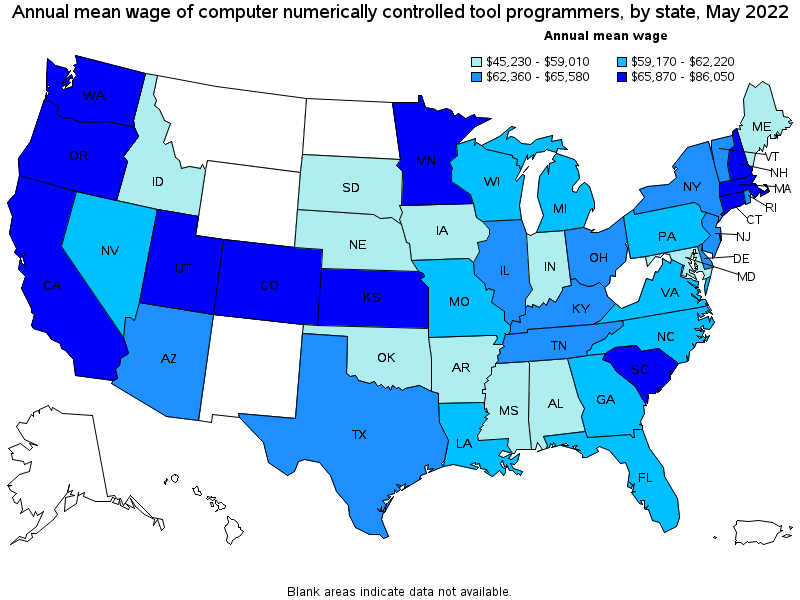 Map of annual mean wages of computer numerically controlled tool programmers by state, May 2022