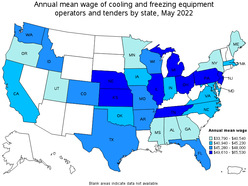 Map of annual mean wages of cooling and freezing equipment operators and tenders by state, May 2022