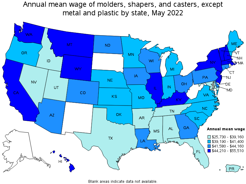 Map of annual mean wages of molders, shapers, and casters, except metal and plastic by state, May 2022